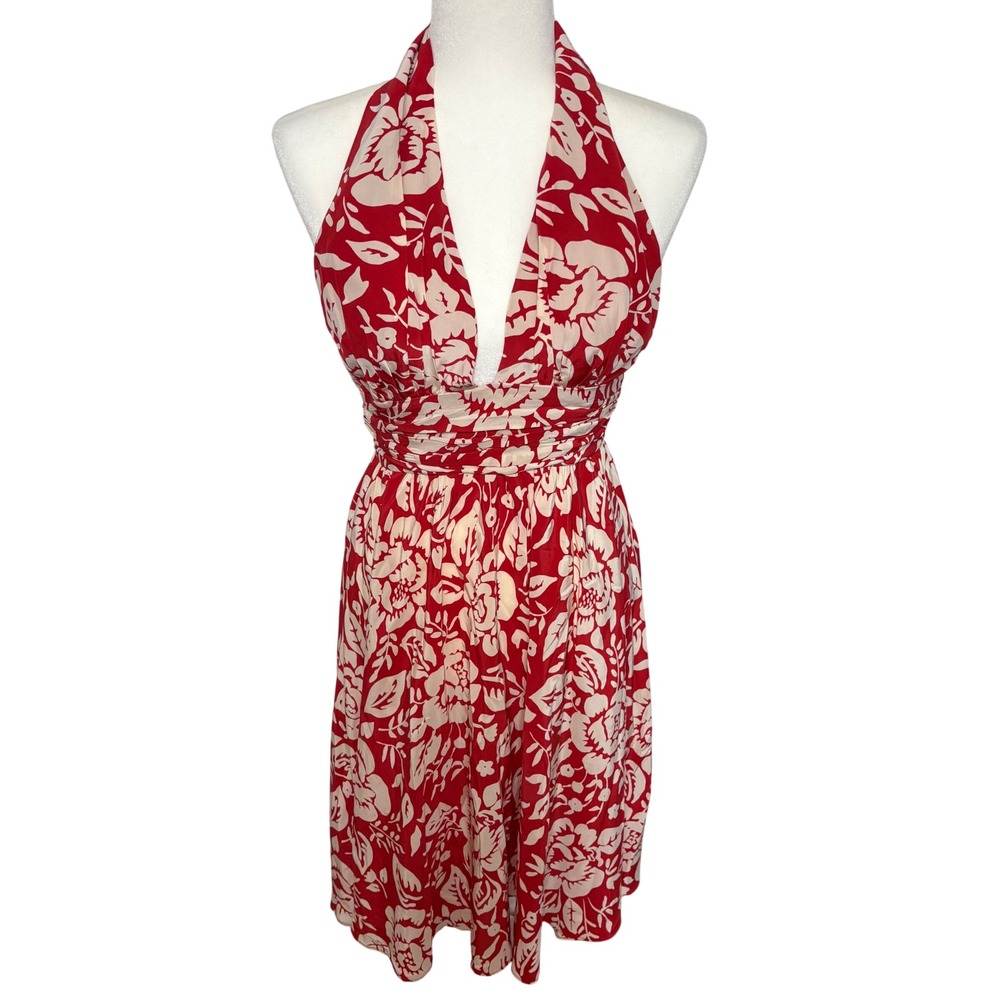 Y2K Moda Red Floral 100% Silk Halter‎ Dress Ruched Waist Size 4 Romantic flowy
